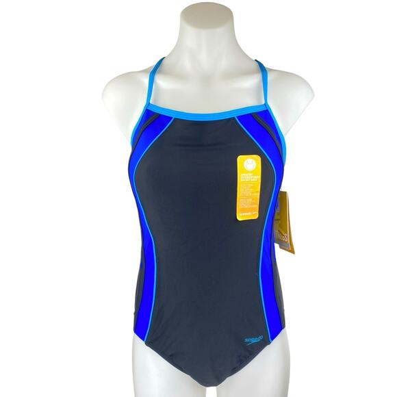 NEW Speedo Ignite Splice Women's Black Blue Sleeveless One Piece Swimsuit Sz 10 - Picture 1 of 3